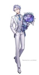  1boy absurdres azul_ashengrotto bad_id bad_pixiv_id bespectacled blue_necktie blue_ribbon bouquet brooch closed_eyes collared_shirt dress_pants dress_shoes english_text formal full_body gem glasses gloves hair_between_eyes hand_in_pocket highres holding holding_bouquet jacket jewelry light_purple_hair male_focus mole mole_under_mouth necktie octopus official_style pants pearl_(gemstone) pendant pleated_pants pointed_footwear ribbon seashell shell shirt short_hair signature simple_background single_sidelock smile solo standing standing_on_one_leg suit suit_jacket swept_bangs twisted_wonderland user_egdy2875 waistcoat white_background white_gloves white_jacket white_pants white_shirt wing_collar 