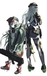  2girls assault_rifle beret commentary_request expressionless fujita_(condor) full_body g11_(girls&#039;_frontline) girls&#039;_frontline gloves green_eyes grey_eyes grey_hair gun h&amp;k_g11 h&amp;k_hk416 hair_between_eyes hair_ornament hat height_difference highres hk416_(girls&#039;_frontline) holding holding_gun holding_weapon jacket long_hair looking_at_viewer looking_back looking_to_the_side multiple_girls open_clothes open_jacket pleated_skirt red_footwear rifle shirt shoes simple_background skirt thighhighs untied_footwear weapon white_background white_gloves white_hair 