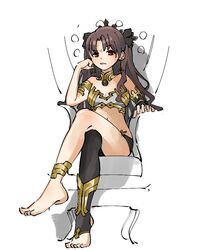  anklet annoyed armlet bare_shoulders barefoot black_hair black_ribbon black_thighhighs crossed_legs detached_sleeves earrings elbow_rest fate/grand_order fate_(series) feet female frown hair_ribbon hoop_earrings ishtar_(fate) jewelry long_hair long_sleeves looking_at_viewer nishikuromori raised_eyebrow red_eyes ribbon simple_background single_detached_sleeve single_thighhigh sitting solo thighhighs tiara toeless_legwear two_side_up very_long_hair white_background 