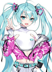  aqua_eyes aqua_hair aqua_nails asle belt chinese_commentary commentary_request female fingerless_gloves gloves hair_between_eyes hand_on_own_hip hatsune_miku jacket long_hair looking_at_viewer midriff nail_polish open_mouth photoshop_(medium) simple_background solo twintails v very_long_hair vocaloid white_background 