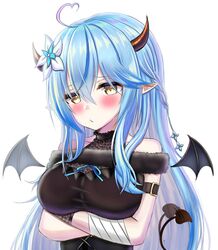  absurdres ahoge alternate_costume arm_strap arms_under_breasts bad_id bad_twitter_id blue_hair blush braid breasts colored_tips crossed_arms demon_girl demon_horns demon_tail demon_wings elf female flower hair_behind_ear hair_flower hair_ornament half_updo heart heart_ahoge highres hololive horns large_breasts long_hair looking_to_the_side multicolored_hair pointy_ears side_braid solo streaked_hair tail tsukito_5555 upper_body virtual_youtuber white_background wings yellow_eyes yukihana_lamy 