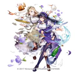  2girls apron asatani_tomoyo ayra_(fire_emblem) ayra_(tea_party)_(fire_emblem) black_footwear black_hair blonde_hair bottle breasts brown_footwear brown_pantyhose cake commentary_request cup dress fire_emblem fire_emblem:_genealogy_of_the_holy_war fire_emblem:_three_houses fire_emblem_heroes flower food frilled_apron frills full_body grey_apron holding holding_sword holding_tray holding_weapon juliet_sleeves loafers long_hair long_sleeves looking_at_viewer maid maid_headdress medium_breasts mercedes_von_martritz mercedes_von_martritz_(tea_party) multiple_girls official_alternate_costume official_art open_mouth pantyhose puffy_sleeves purple_apron purple_eyes purple_flower purple_pantyhose purple_rose rose shoes simple_background standing sword teacup teapot torn_clothes torn_dress torn_pantyhose tray very_long_hair waist_apron weapon white_background white_dress 