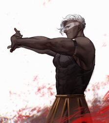  1boy abs ares_(hades) armband armored_skirt artist_name bara biceps black_skin colored_skin hades_(game) highres large_pectorals male_focus muscular muscular_male o3tofu pectoral_cleavage pectorals red_eyes smirk tank_top white_hair 