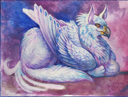  2020 abstract_background ambiguous_gender avian beak collar feathered_wings feathers feral fur gryphon hi_res loaf looking_at_viewer lying mythological_avian mythological_creature mythology on_front painting_(artwork) pink_collar red-izak solo traditional_media_(artwork) watercolor_(artwork) white_body white_feathers white_fur wings 