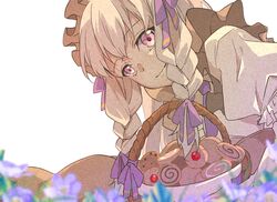  basket braid citrine_11 commentary_request cookie female fire_emblem fire_emblem:_three_houses fire_emblem_heroes food hair_ribbon long_hair lysithea_von_ordelia lysithea_von_ordelia_(tea_party) pink_eyes puffy_short_sleeves puffy_sleeves purple_ribbon ribbon short_sleeves simple_background solo twin_braids white_background white_hair 