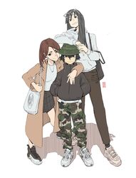  3girls arm_around_shoulder artist_name asakusa_midori bag black_hair black_jacket bob_cut brown_bag brown_coat brown_eyes brown_hair brown_legwear bucket_hat camouflage camouflage_legwear cargo_pants closed_mouth coat dark-skinned_female dark_skin edpan eizouken_ni_wa_te_wo_dasu_na! eyewear_on_head glasses green_headwear green_legwear grin hair_between_eyes handbag hat height_difference highres hood hoodie inverted_bob jacket jewelry kanamori_sayaka light_smile long_hair looking_at_viewer medium_hair mizusaki_tsubame multiple_girls necklace pants parted_bangs plaid plaid_skirt shadow shirt shoes short_hair simple_background skirt smile sneakers teeth trench_coat white_background white_bag white_hoodie white_shirt 