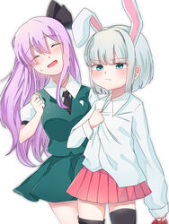  2girls :d :t animal_ears black_legwear black_ribbon blush closed_eyes closed_mouth collared_shirt commentary_request cosplay costume_switch eringi_(rmrafrn) green_skirt green_vest hair_between_eyes hair_intakes hair_ribbon head_tilt highres konpaku_youmu konpaku_youmu_(cosplay) long_hair long_sleeves multiple_girls open_mouth pleated_skirt pout puffy_short_sleeves puffy_sleeves purple_hair rabbit_ears red_skirt reisen_udongein_inaba reisen_udongein_inaba_(cosplay) ribbon shirt short_hair short_sleeves sidelocks skirt sleeves_past_wrists smile thighhighs thighhighs_pull touhou v-shaped_eyebrows very_long_hair vest white_background white_hair white_shirt 