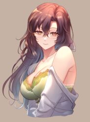  bad_id bad_pixiv_id bra breasts brown_hair cleavage female glasses green_bra long_hair looking_at_viewer milcho original solo underwear upper_body yellow_eyes 