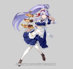  apron blue_dress brown_footwear cake canele cheesecake commentary_request cookie dress female fire_emblem fire_emblem:_genealogy_of_the_holy_war fire_emblem_heroes food full_body grey_background hair_ribbon hand_up long_hair madeleine maid maid_headdress official_alternate_costume official_art open_mouth pantyhose petticoat ponytail puffy_short_sleeves puffy_sleeves purple_eyes purple_hair red_ribbon ribbon shoes short_sleeves simple_background smile solo tailtiu_(fire_emblem) tailtiu_(tea_party)_(fire_emblem) tart_(food) tiered_tray tray urata_asao very_long_hair white_apron white_pantyhose 