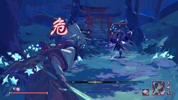  1boy blue_flower boss_fight cicin_mage_(genshin_impact) electricity electro_cicin_mage_(genshin_impact) english_commentary female flower food forest fortisselle gameplay_mechanics genshin_impact health_bar holding holding_sword holding_weapon hood hood_up japanese_clothes kaedehara_kazuha lantern leaf leaf_print nature outdoors parody ponytail rock sakura_mochi sakura_mochi_(genshin_impact) sekiro:_shadows_die_twice sword torii tree vision_(genshin_impact) wagashi weapon 