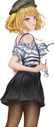  absurdres artofkuzu bare_shoulders black_hat black_skirt blonde_hair blue_eyes blush commentary cowboy_shot earrings english_commentary female from_behind glasses hat heart heart_earrings highres holding holding_removed_eyewear hololive hololive_english jewelry looking_at_viewer off-shoulder_shirt off_shoulder official_alternate_hairstyle pantyhose parted_lips pleated_skirt shirt short_hair short_sleeves simple_background skirt smile solo standing suspender_skirt suspenders unworn_eyewear virtual_youtuber watson_amelia watson_amelia_(street_casual) white_background white_shirt 