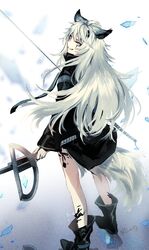  aki663 animal_ears arknights artist_name boots chinese_commentary commentary_request dual_wielding eyebrows_hidden_by_hair female floating_rock from_behind full_body grey_eyes grey_hair grin holding jacket katana lappland_(arknights) long_hair long_sleeves looking_at_viewer looking_back material_growth originium_arts_(arknights) oripathy_lesion_(arknights) scar scar_on_face slit_pupils smile solo standing sundial sword tail weapon wind wolf_ears wolf_girl wolf_tail 