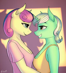  anthro apocheck13 arms_around_waist blouse bonbon_(mlp) breasts bust_portrait cleavage clothed clothing duo earth_pony equid equine eye_contact female female/female friendship_is_magic hi_res horn horse looking_at_another lyra_heartstrings_(mlp) mammal my_little_pony pony portrait shadow smiles topwear unicorn 