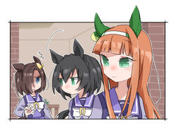  3girls ^^^ air_groove_(umamusume) animal_ears beer_hsk black_hair blunt_bangs bow bowtie braid commentary crown_braid ear_covers green_eyes grey_eyes hairband horse_ears horse_girl horseshoe_ornament kin&#039;iro_ryotei_(umamusume) long_hair long_sleeves low_ponytail multiple_girls orange_hair purple_shirt sailor_collar sailor_shirt school_uniform shirt short_hair sidelocks silence_suzuka_(umamusume) tracen_school_uniform umamusume upper_body white_bow white_bowtie white_hairband winter_uniform yellow_bow 