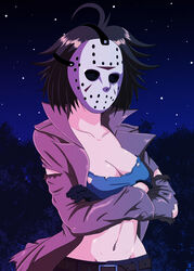  1980s_(style) absurdres ahoge arkan54 bishoujo_terror black_gloves breasts brown_coat brown_eyes brown_hair coat commentary_request crossed_arms female forest friday_the_13th frown genderswap_(mtf) gloves highres hockey_mask jacket jason_voorhees jason_voorhees_(kotobukiya_bishoujo) kotobukiya_bishoujo mask mask_on_head medium_breasts nature photoshop_(medium) retro_artstyle rule_63 serious shirt sky star_(sky) starry_sky toned torn_clothes torn_jacket torn_shirt unworn_mask 