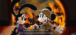  2012 anthro assault_rifle black_body camo clothed clothing dialogue disney duo english_text fire fleischer_style_toon gloves gun handwear hi_res holding_gun holding_object holding_ranged_weapon holding_weapon lagomorph leporid m16 male mammal mickey_mouse military military_helmet mouse murid murine open_mouth oswald_the_lucky_rabbit rabbit ranged_weapon rifle rodent smile soldier text toony twistedterra warrior weapon 