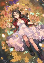  aerith_gainsborough artist_name bad_id bad_twitter_id boots bracelet brown_footwear brown_hair ciloranko commentary cropped_jacket dress female final_fantasy final_fantasy_vii flower from_above full_body green_eyes hair_ribbon hand_up highres jacket jewelry knee_up long_hair looking_at_viewer lying necklace on_back pink_dress pink_ribbon red_jacket ribbon short_sleeves 