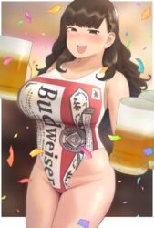  :d alcohol armpit_crease bare_shoulders beer beer_mug blunt_bangs blush border breasts brown_eyes brown_hair budweiser casual_one-piece_swimsuit collarbone commentary_request confetti cowboy_shot cup dot_nose female groin hair_over_shoulder half-closed_eyes highleg highleg_leotard highres large_breasts legs_together leotard long_hair looking_at_viewer mole mole_under_eye mug one-piece_swimsuit open_mouth original outside_border print_swimsuit product_placement ryokucha_michi sleeveless smile solo standing swimsuit thighs tsurime white_border 