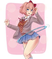  :d blazer blue_eyes bow cardigan_vest commentary doki_doki_literature_club english_commentary female hairbow highres hoop hula_hoop jacket looking_at_viewer open_mouth pink_hair raion_(raionart) red_bow ribbon sayori_(doki_doki_literature_club) school_uniform short_hair skirt smile solo 