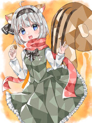  :d ahoge animal_ears black_ribbon blue_eyes bow bowtie extra_ears female green_skirt green_vest hair_ribbon highres kemonomimi_mode konpaku_youmu konpaku_youmu_(ghost) nut_(food) open_mouth ribbon riruku scarf shirt skirt smile squirrel_ears squirrel_tail tail touhou vest white_shirt 