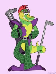  2020 alligator alligatorid anthro belt big_feet bottomwear bracelet claws clothed clothing crocodilian eyewear fan_mohawk feet firefoop five_nights_at_freddy&#039;s five_nights_at_freddy&#039;s:_security_breach glasses gloves golf golf_bag golf_club green_body green_bottomwear green_clothing green_face green_nose green_pants green_skin green_tail hair half-closed_eyes hand_on_hip handwear hi_res jewelry looking_aside looking_down male mohawk montgomery_gator multicolored_body multicolored_skin narrowed_eyes pants pink_background pose purple_body purple_clothing purple_eyelids purple_feet purple_gloves purple_handwear purple_skin red_hair reptile rockstar scalie scottgames sharp_teeth short_hair simple_background smile solo spiked_bracelet spikes sport standing star star_glasses steel_wool_studios tail teeth toe_claws toony topless two_tone_body two_tone_tail 