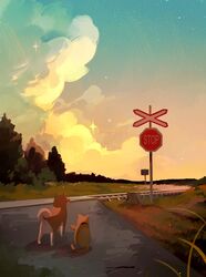  animal animal_focus canine cloud english_commentary feline grass highres jauni_(tofublock) no_humans original outdoors plant railroad_tracks road road_sign shadow shiba_inu sign sky sparkle star_(sky) starry_sky stop_sign sunset tree 