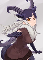  :3 absurdres animal_ears black_hair closed_mouth cowboy_shot don3 dual_wielding elbow_gloves extra_ears female fur_collar gloves grey_hair hand_up highres himalayan_tahr_(kemono_friends) holding holding_weapon horizontal_pupils horns jacket kemono_friends knife long_hair microskirt multicolored_hair orange_eyes parted_bangs photoshop_(medium) short_sleeves skirt smile solo tail thighhighs two-tone_hair weapon zettai_ryouiki 