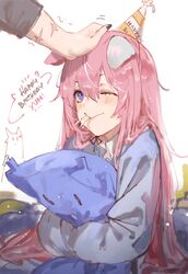  animal_ears black_nails blue_eyes blue_shirt blush dog_ears dog_girl dokuro_deluxe english_commentary female finger_in_own_mouth happy_birthday hat headpat highres hugging_object indie_virtual_youtuber looking_up one_eye_closed party_hat pillow pillow_hug pink_hair shirt sitting smile solo_focus virtual_youtuber yuniiho_(vtuber) 