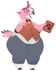  anthro ass avian belly big_butt bird bow_tie cinnamon_(arbitgon) clothing dungeons_and_dragons eyewear flamingo glasses hasbro hi_res huge_butt male overweight pear-shaped_figure solo thick_calves thick_thighs tingtongten topwear vest wide_hipped_male wide_hips wizards_of_the_coast 