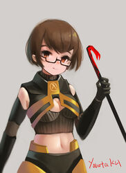  :q absurdres adapted_costume armor bad_id bad_pixiv_id black-framed_eyewear black_gloves blood blood_on_weapon breasts brown_eyes brown_hair cleavage cleavage_cutout clothing_cutout crop_top cropped_sweater crowbar elbow_gloves female genderswap_(mtf) glasses gloves gordon_freeman half-life_(series) hev_suit highres holding holding_crowbar holding_weapon medium_breasts midriff navel photoshop_(medium) power_armor revealing_clothes rule_63 semi-rimless_eyewear short_hair sleeveless sleeveless_turtleneck solo tongue tongue_out turtleneck under-rim_eyewear weapon youotaku 