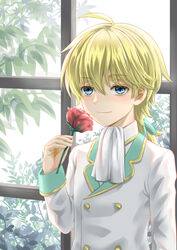  1boy aged_down ahoge ascot blonde_hair day flower formal geordo_stuart hair_ribbon highres holding holding_flower lin_dreamer lolicon long_hair male_focus otome_game_no_hametsu_flag_shika_nai_akuyaku_reijou_ni_tensei_shite_shimatta ribbon rose suit upper_body white_suit window 