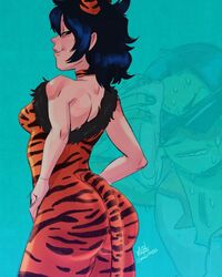  1boy ace_(powerpuff_girls) aged_up animal_ears ass bare_shoulders black_hair bodystocking breasts choker commentary english_commentary fake_animal_ears fake_tail female from_behind gorillaz highres inset kamina_shades lips magnta medium_breasts meme nervous_sweating noodle_(gorillaz) powerpuff_girls short_hair single_strap sleeveless smirk solo_focus standing sunglasses sweat tail thick_thighs thighs tiger_ears tiger_tail triangular_eyewear 