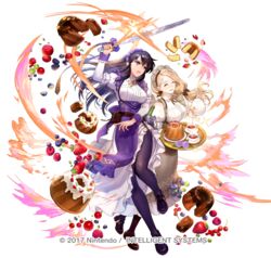  2girls ^_^ apron arm_up asatani_tomoyo ayra_(fire_emblem) ayra_(tea_party)_(fire_emblem) black_footwear black_hair blackberry_(fruit) blonde_hair blueberry breasts brown_footwear brown_pantyhose cake cherry closed_eyes commentary_request cup dress fire_emblem fire_emblem:_genealogy_of_the_holy_war fire_emblem:_three_houses fire_emblem_heroes flower food frilled_apron frills fruit full_body grey_apron head_tilt holding holding_sword holding_teapot holding_tray holding_weapon juliet_sleeves loafers long_hair long_sleeves maid maid_headdress medium_breasts mercedes_von_martritz mercedes_von_martritz_(tea_party) multiple_girls official_alternate_costume official_art open_mouth pantyhose puffy_sleeves purple_apron purple_eyes purple_flower purple_pantyhose purple_rose raspberry rose shoes simple_background smile standing strawberry sword teacup teapot tray very_long_hair waist_apron weapon white_background white_dress 