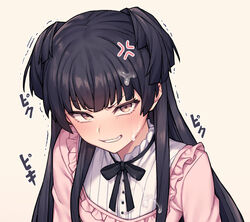  anger_vein angry black_hair black_skirt blush breasts brown_eyes clenched_teeth commentary cum facial female idolmaster idolmaster_shiny_colors jp06 long_hair long_sleeves looking_at_viewer mayuzumi_fuyuko medium_breasts neck_ribbon pink_shirt ribbon shirt sidelocks simple_background skirt solo symbol-only_commentary teeth translated trembling two_side_up upper_body white_background 