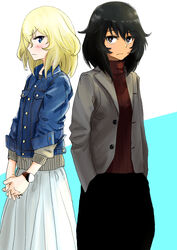  2girls absurdres andou_(girls_und_panzer) back-to-back black_hair black_skirt blazer blonde_hair blue_eyes blue_jacket blush brown_eyes casual closed_mouth commentary dark-skinned_female dark_skin denim denim_jacket from_side frown girls_und_panzer grey_jacket grey_sweater hands_in_pockets highres interlocked_fingers jacket long_skirt looking_at_viewer medium_hair messy_hair multiple_girls oritako oshida_(girls_und_panzer) own_hands_together pleated_skirt red_sweater ribbed_sweater skirt standing sweater turtleneck watch white_skirt wristwatch 