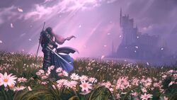  1boy absurdres black_hair caio_santos cape castle clive_rosfield cloud cloudy_sky couple female field final_fantasy final_fantasy_xvi flower flower_field grey_hair highres hug jill_warrick long_skirt petals skirt sky sword weapon weapon_on_back 