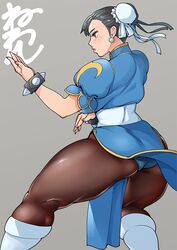  ass black_hair blue_dress boots bracelet brown_pantyhose bun_cover china_dress chinese_clothes chun-li commentary double_bun dress earrings female fighting_stance from_behind from_side hair_bun hair_pulled_back jewelry kneepits neone pantyhose puffy_short_sleeves puffy_sleeves sash short_hair short_sleeves side_slit solo spiked_bracelet spikes street_fighter street_fighter_ii_(series) thick_thighs thighs white_footwear 