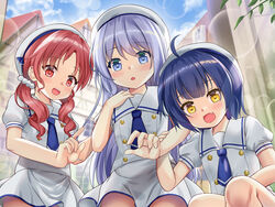  3girls :d ahoge bad_id bad_pixiv_id beret blue_eyes blue_hair blue_necktie blurry blurry_background blush building chimame-tai day depth_of_field fingernails gochuumon_wa_usagi_desu_ka? hair_ornament hair_scrunchie hand_up hat highres jouga_maya kafuu_chino kafuu_chino&#039;s_school_uniform long_hair low_twintails multiple_girls natsu_megumi necktie niiya open_mouth outdoors parted_bangs puffy_short_sleeves puffy_sleeves red_eyes red_hair sailor_collar school_uniform scrunchie shirt short_necktie short_sleeves skirt smile squatting town twintails very_long_hair white_headwear white_sailor_collar white_scrunchie white_shirt white_skirt yellow_eyes 