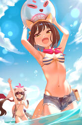  2girls :d absurdres alternate_costume animal_ears armpits arms_up ball bare_shoulders beachball bikini black_hair blue_archive breasts carrying cleavage collarbone commentary_request eyeshadow fox_ears fox_girl fox_tail gradient_hair grey_hair hair_between_eyes hair_ornament halo highres in_water innertube izuna_(blue_archive) izuna_(swimsuit)_(blue_archive) katana long_hair looking_at_another makeup medium_hair michiru_(blue_archive) multicolored_hair multiple_girls navel official_alternate_costume one_side_up pink_halo pom_pom_(clothes) pom_pom_hair_ornament raccoon_ears raccoon_girl raccoon_hair_ornament raccoon_tail red_scarf scarf scrunchie short_shorts shorts sidelocks sleeveless smile spaghetti_strap stomach striped_bikini striped_clothes sunglasses swim_ring swimsuit sword tail thick_eyebrows twintails visor_cap waving weapon weapon_on_back wet wet_clothes wet_swimsuit wrist_scrunchie yellow_eyes ziz_(pandora707) 