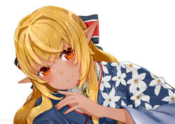  absurdres blonde_hair blush bow closed_mouth commentary_request dark-skinned_female dark_skin elf female floral_print hair_between_eyes hair_ornament hairbow highres hololive inorihisa_nanaku japanese_clothes long_hair official_alternate_costume official_alternate_hairstyle orange_eyes photoshop_(medium) pointy_ears shiranui_flare shiranui_flare_(new_year) sidelocks signature solo upper_body virtual_youtuber white_background 