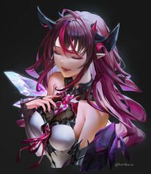  absurdres artofkuzu asymmetrical_wings bare_shoulders black_background breasts bridal_gauntlets closed_eyes commentary dress english_commentary female hair_between_eyes hand_on_own_chest hand_up highres hololive hololive_english horns irys_(hololive) irys_(irys_1.0)_(hololive) large_breasts long_hair long_sleeves multicolored_hair nail_polish open_mouth pointy_ears purple_hair red_eyes simple_background solo streaked_hair twitter_username upper_body virtual_youtuber white_dress wings 