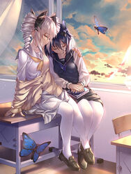  2girls antenna_hair bad_id bad_pixiv_id black_footwear blue_butterfly blue_hair blue_nails blue_sky bronya_zaychik brown_jacket brown_skirt bug butterfly chair classroom closed_eyes closed_mouth cloud cloudy_sky desk drill_hair ginklaga grey_hair grey_skirt hair_between_eyes hand_on_another&#039;s_shoulder highres honkai_(series) honkai_impact_3rd indoors jacket leaning_on_person leggings long_sleeves multiple_girls nail_polish on_desk school_uniform seele_vollerei shoes short_hair sitting skirt sky sunset table twin_drills white_legwear window yellow_nails 