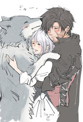  1boy black_cape black_hair cape clive_rosfield closed_eyes emonekaku female final_fantasy final_fantasy_xvi grey_hair grey_wolf group_hug highres hug hug_from_behind jill_warrick scar scar_on_face simple_background torgal_(ff16) wolf 