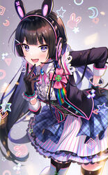  absurdres animal_ear_headphones animal_ears black_corset black_gloves black_hair black_jacket blue_skirt collared_shirt commentary_request corset fake_animal_ears female frilled_gloves frilled_shirt frills gloves hand_on_own_hip headphones headset highres idol_clothes iku2727 jacket leaning_forward long_hair nijisanji open_mouth pink_skirt purple_eyes rabbit_ear_headphones shirt skirt smile solo tsukino_mito tsukino_mito_(13th_costume) v virtual_youtuber white_shirt 