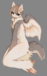  anthro ass avian barn_owl bird blush blush_lines hi_res hybrid looking_away male mmhorrors nude owl shy sitting solo tail tyto tytonid wings 