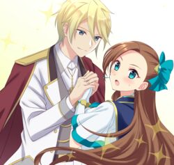  1boy blonde_hair blue_eyes blush bow bracelet brown_hair cross cross_necklace dress female formal geordo_stuart gloves hairbow holding_hands jewelry kakiko210 katarina_claes looking_at_another looking_at_viewer neckerchief necklace open_mouth otome_game_no_hametsu_flag_shika_nai_akuyaku_reijou_ni_tensei_shite_shimatta simple_background sparkle straight suit sweatdrop upper_body white_gloves white_suit 