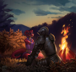  anthro armor belt campfire clothed clothing curved_horn digital_media_(artwork) digital_painting_(artwork) duo ethrk female forest hi_res horn human knight kobold magic_user male mammal plant purple_clothing purple_robe red_body red_eyes red_horn red_skin robe scalie sitting tree warrior 