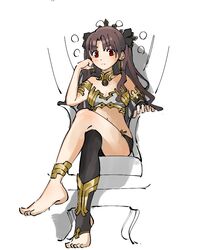  anklet armlet bare_shoulders barefoot black_hair black_ribbon black_thighhighs closed_mouth crossed_legs detached_sleeves earrings elbow_rest fate/grand_order fate_(series) feet female frown hair_ribbon hoop_earrings ishtar_(fate) jewelry long_hair long_sleeves looking_at_viewer nishikuromori red_eyes ribbon simple_background single_detached_sleeve single_thighhigh sitting solo thighhighs tiara toeless_legwear two_side_up very_long_hair white_background 