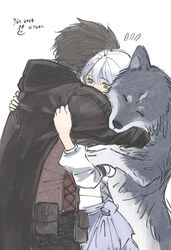  1boy black_cape black_hair cape clive_rosfield closed_eyes couple emonekaku female final_fantasy final_fantasy_xvi grey_hair grey_wolf group_hug highres hood hooded_cape hug jill_warrick torgal_(ff16) 