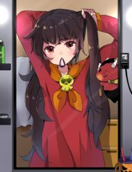  absurdres arms_up ashley_(warioware) brown_eyes commentary cup demon female hair_tie_in_mouth herunia_kokuoji highres indoors light_switch long_hair long_sleeves mirror mouth_hold red_(warioware) red_shirt shirt skull_brooch symbol-only_commentary towel warioware 